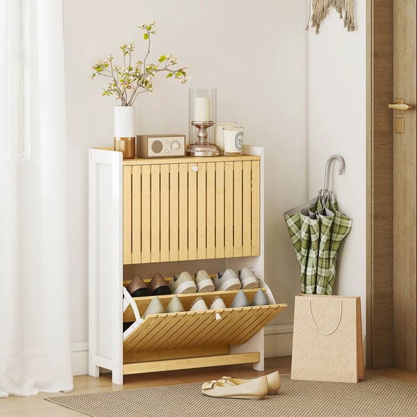 Skoskåp - Smalt 2-dörrars - Bambu - Justerbara hyllor - För 12 par - Modern design - Vit