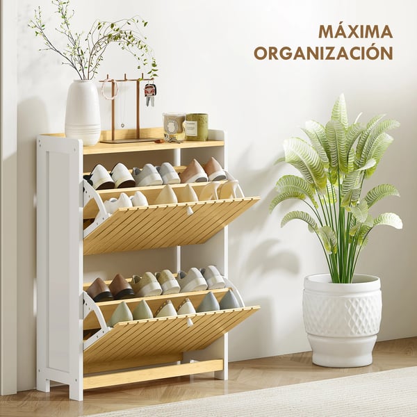 Skoskåp - Smalt 2-dörrars - Bambu - Justerbara hyllor - För 12 par - Modern design - Vit