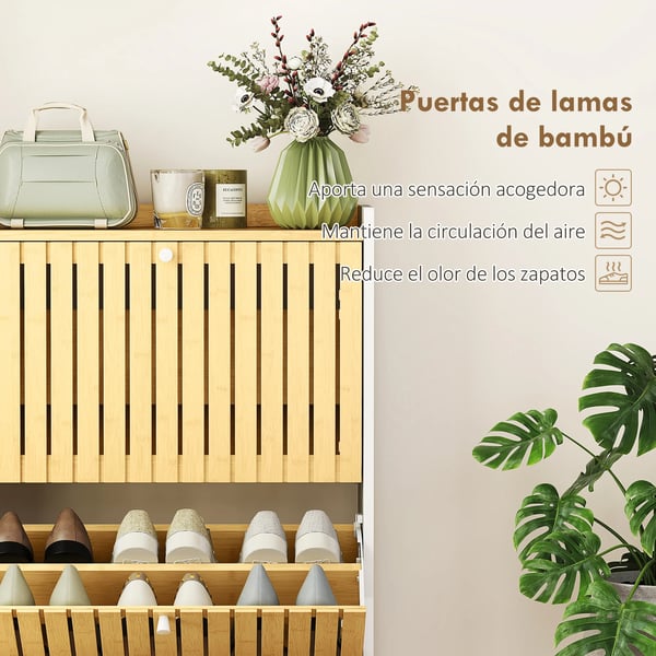 Skoskåp - Smalt 2-dörrars - Bambu - Justerbara hyllor - För 12 par - Modern design - Vit