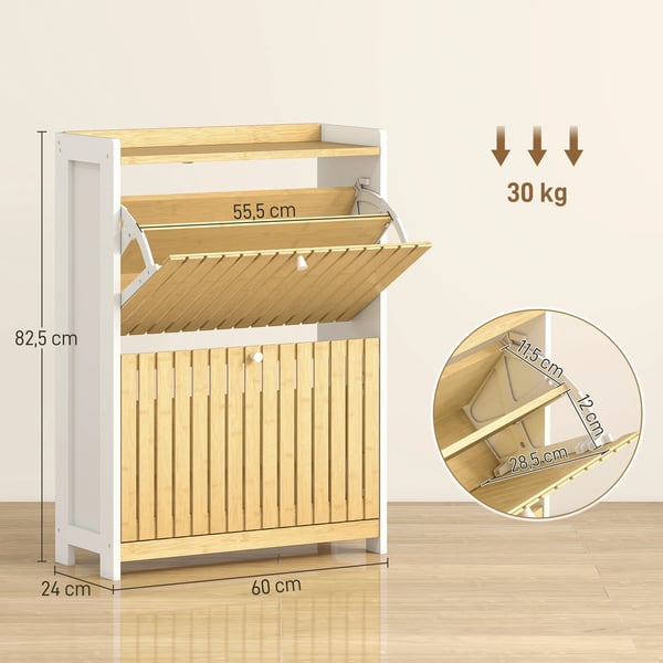 Skoskåp - Smalt 2-dörrars - Bambu - Justerbara hyllor - För 12 par - Modern design - Vit
