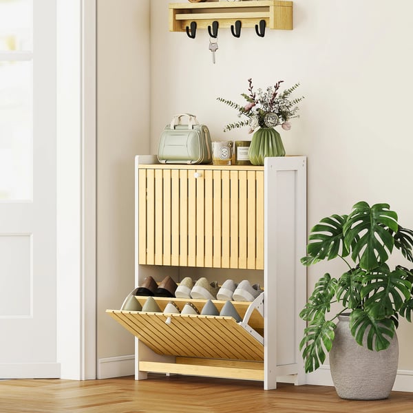 Skoskåp - Smalt 2-dörrars - Bambu - Justerbara hyllor - För 12 par - Modern design - Vit
