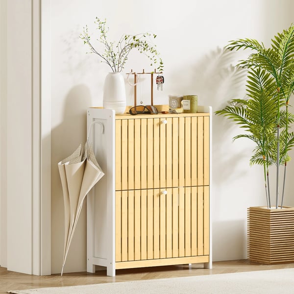 Skoskåp - Smalt 2-dörrars - Bambu - Justerbara hyllor - För 12 par - Modern design - Vit