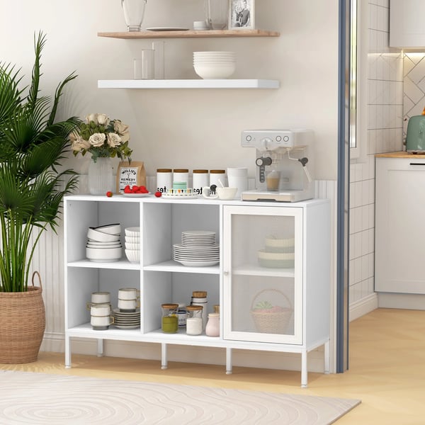 Köksskänk - Sideboard - Gallerdörr - 4 öppna fack - Justerbar hylla - Melamin - 120 x 37 x 81,5 cm - Vit