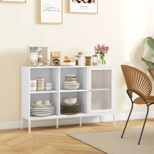 Köksskänk - Sideboard - Gallerdörr - 4 öppna fack - Justerbar hylla - Melamin - 120 x 37 x 81,5 cm - Vit