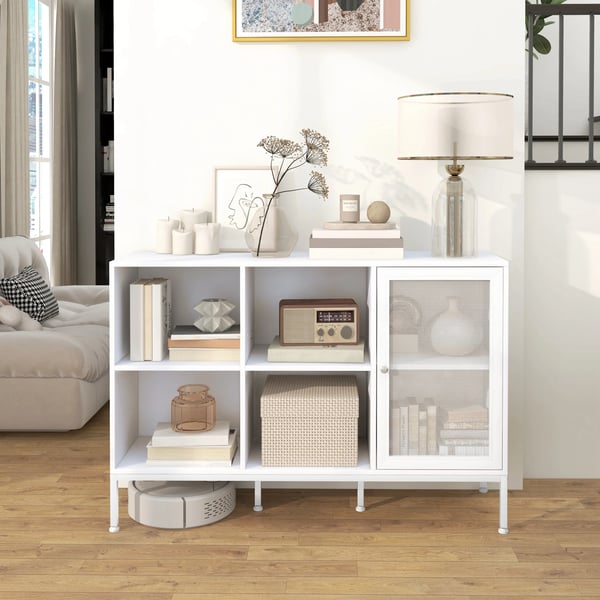 Köksskänk - Sideboard - Gallerdörr - 4 öppna fack - Justerbar hylla - Melamin - 120 x 37 x 81,5 cm - Vit