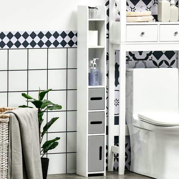 Badrumshögskåp - Förvaringsskåp - 3 Dörrar - 3 Hyllor - Fristående - 15×17×120 cm - Modern design - Vit