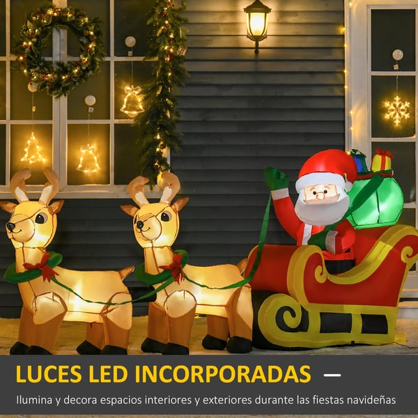 Jultomte med släde och renar - Uppblåsbar julprydnad - LED-ljus - För utomhusbruk - 240×57×112 cm - Inbyggd fläkt - EU-kontakt - CE - Flerfärgad