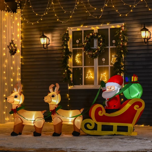 Jultomte med släde och renar - Uppblåsbar julprydnad - LED-ljus - För utomhusbruk - 240×57×112 cm - Inbyggd fläkt - EU-kontakt - CE - Flerfärgad