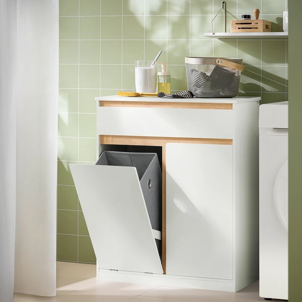 BZR79 - Kylpyhuonekaappi - Pyykkikori - Laatikko - Ovi Kippaustoiminnolla - 71×33×85 cm - Itsekoottava - Valkoinen