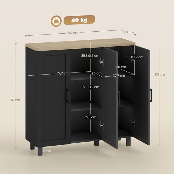 Skänk/Sideboard - Smal 3-dörrars förvaringsskåp - Justerbara hyllor - För vardagsrum/kök/hall/matsal - Svart