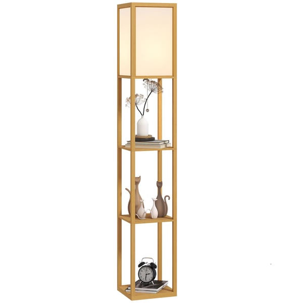 Golvlampa med förvaringshyllor - Modern trälampa - E27-sockel - AC-nätström - För vardagsrum, sovrum, kontor - Naturträ