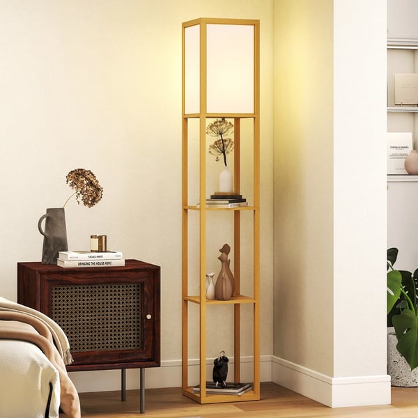 Golvlampa med förvaringshyllor - Modern trälampa - E27-sockel - AC-nätström - För vardagsrum, sovrum, kontor - Naturträ