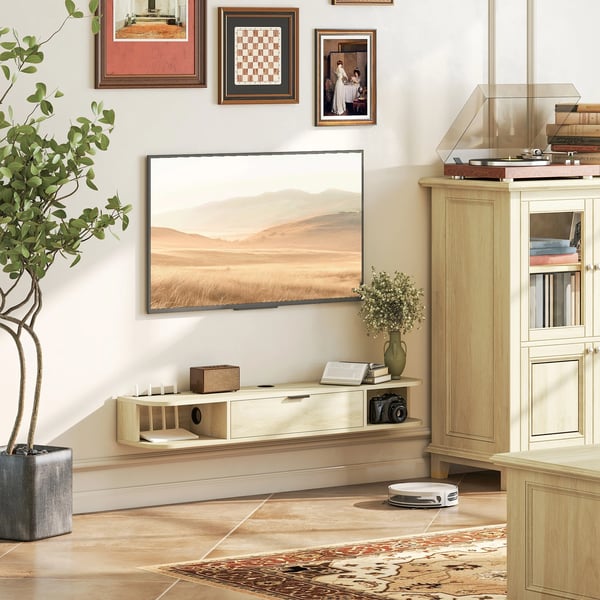 TV-bänk - Vägghängd TV-möbel - Fällbar låda - 2 öppna hyllor - Kabelhantering - Modern design - Naturträ