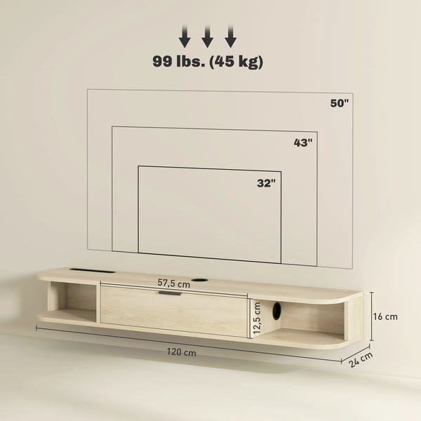 TV-bänk - Vägghängd TV-möbel - Fällbar låda - 2 öppna hyllor - Kabelhantering - Modern design - Naturträ
