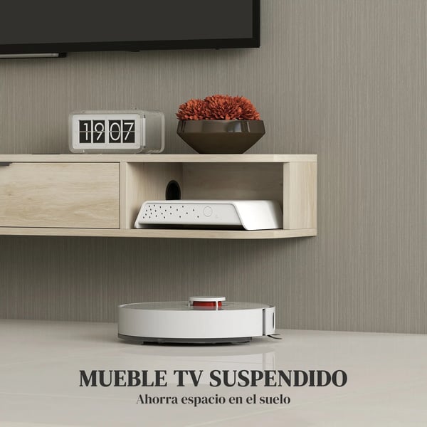 TV-bänk - Vägghängd TV-möbel - Fällbar låda - 2 öppna hyllor - Kabelhantering - Modern design - Naturträ