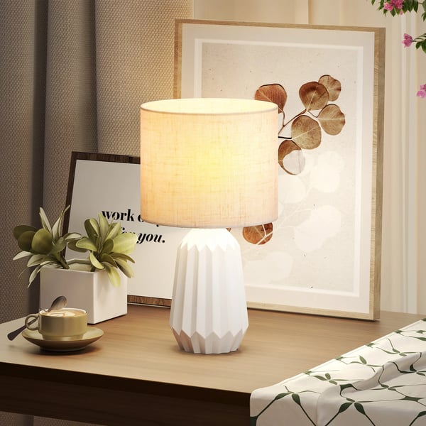 Bordslampa - Sänglampa - Keramisk Fot, Linneskärm, Strömbrytare, 220 V AC, Upp till 2000 lm - Vit/Beige