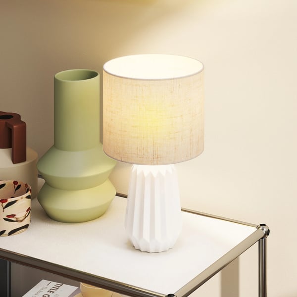 Bordslampa - Sänglampa - Keramisk Fot, Linneskärm, Strömbrytare, 220 V AC, Upp till 2000 lm - Vit/Beige