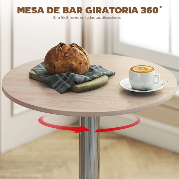 Runt barbord - Ståbord - Höjdjusterbart 67–93 cm - 360° roterbart - Bordsskiva Ø60 cm - Rund kromad metallfot - Naturträ