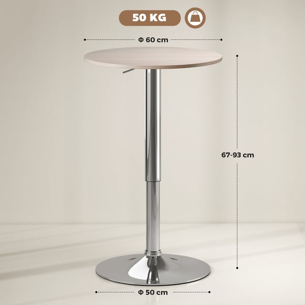 Runt barbord - Ståbord - Höjdjusterbart 67–93 cm - 360° roterbart - Bordsskiva Ø60 cm - Rund kromad metallfot - Naturträ