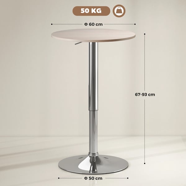 Runt barbord - Ståbord - Höjdjusterbart 67–93 cm - 360° roterbart - Bordsskiva Ø60 cm - Rund kromad metallfot - Naturträ
