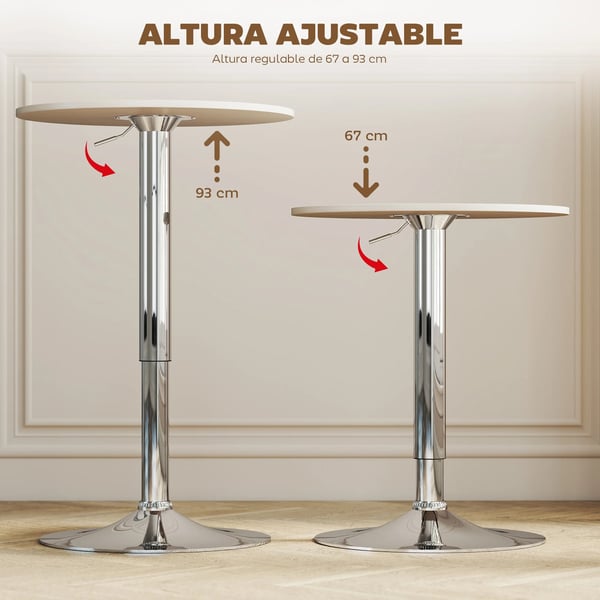 Runt barbord - Ståbord - Höjdjusterbart 67–93 cm - 360° roterbart - Bordsskiva Ø60 cm - Rund kromad metallfot - Naturträ