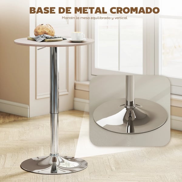 Runt barbord - Ståbord - Höjdjusterbart 67–93 cm - 360° roterbart - Bordsskiva Ø60 cm - Rund kromad metallfot - Naturträ