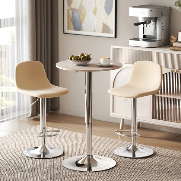 Runt barbord - Ståbord - Höjdjusterbart 67–93 cm - 360° roterbart - Bordsskiva Ø60 cm - Rund kromad metallfot - Naturträ