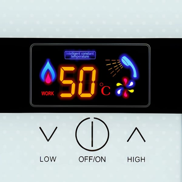 Elektrisk gennemstrømningsvandvarmer - Vægmonteret - 6500 W - LED-display - Hærdet glas - Rustfrit stål - Hvid