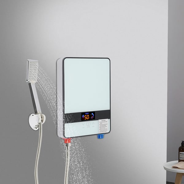 Elektrisk gennemstrømningsvandvarmer - Vægmonteret - 6500 W - LED-display - Hærdet glas - Rustfrit stål - Hvid