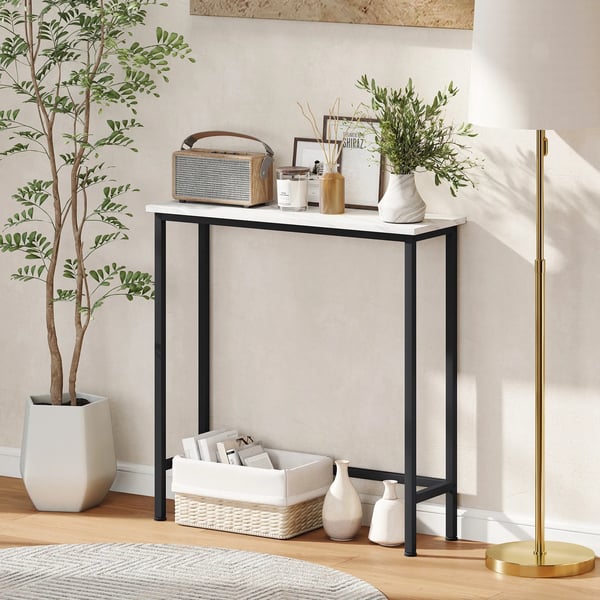 Hallbord - Konsolbord - Smalt Format - Bordsskiva i Marmorlook - Metallram - 75x24x76 cm - Vit