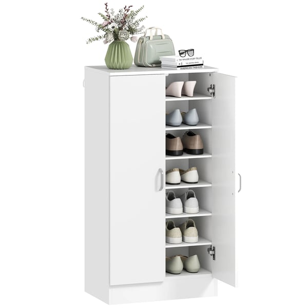 Skoskåp - Hall skoförvaring - 2 dörrar - 6 justerbara hyllplan - 14 par - 55x35x108 cm - Vit - Trä