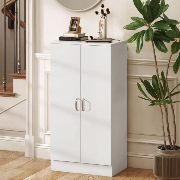 Skoskåp - Hall skoförvaring - 2 dörrar - 6 justerbara hyllplan - 14 par - 55x35x108 cm - Vit - Trä