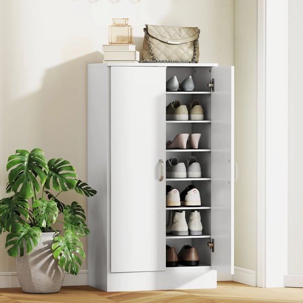 Skoskåp - Hall skoförvaring - 2 dörrar - 6 justerbara hyllplan - 14 par - 55x35x108 cm - Vit - Trä