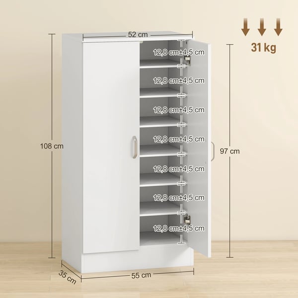 Skoskåp - Hall skoförvaring - 2 dörrar - 6 justerbara hyllplan - 14 par - 55x35x108 cm - Vit - Trä