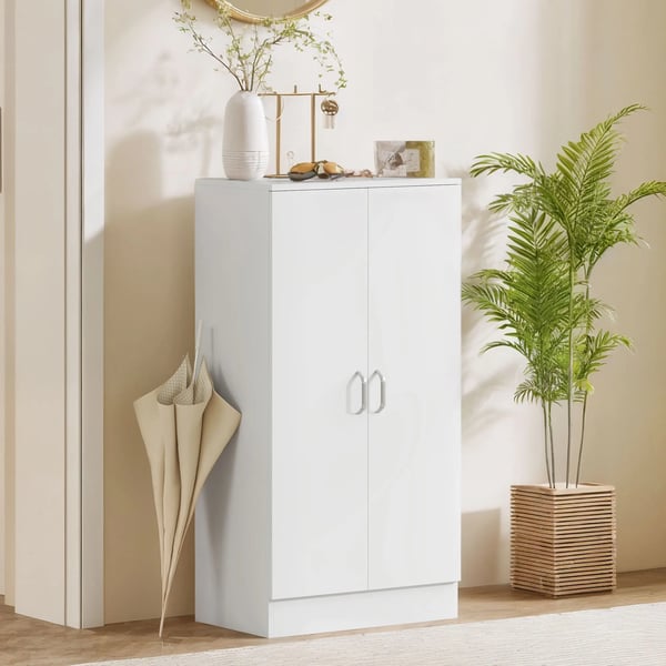 Skoskåp - Hall skoförvaring - 2 dörrar - 6 justerbara hyllplan - 14 par - 55x35x108 cm - Vit - Trä