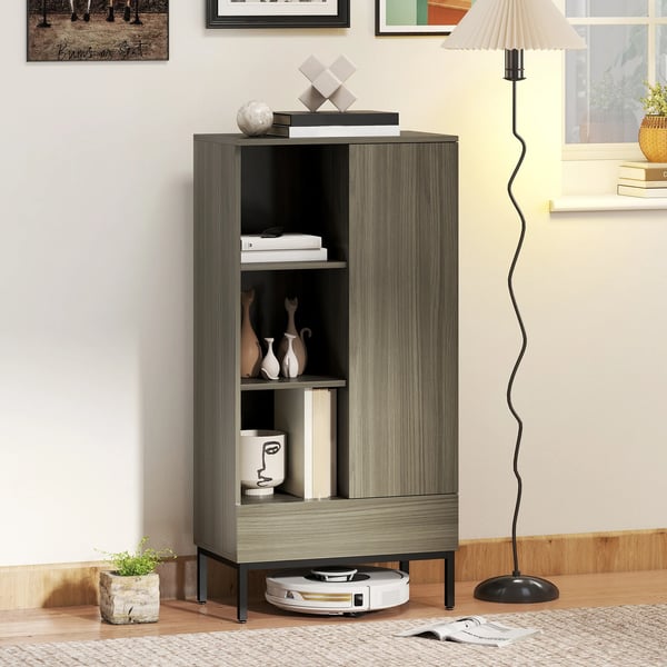 Skänk/Sideboard för vardagsrum - Förvaringsskåp - Dörr - Låda - Justerbar hylla - 3 öppna fack - 60x34x121 cm - Kaffebrun