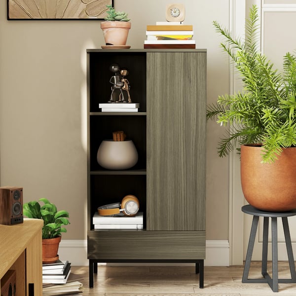 Skänk/Sideboard för vardagsrum - Förvaringsskåp - Dörr - Låda - Justerbar hylla - 3 öppna fack - 60x34x121 cm - Kaffebrun