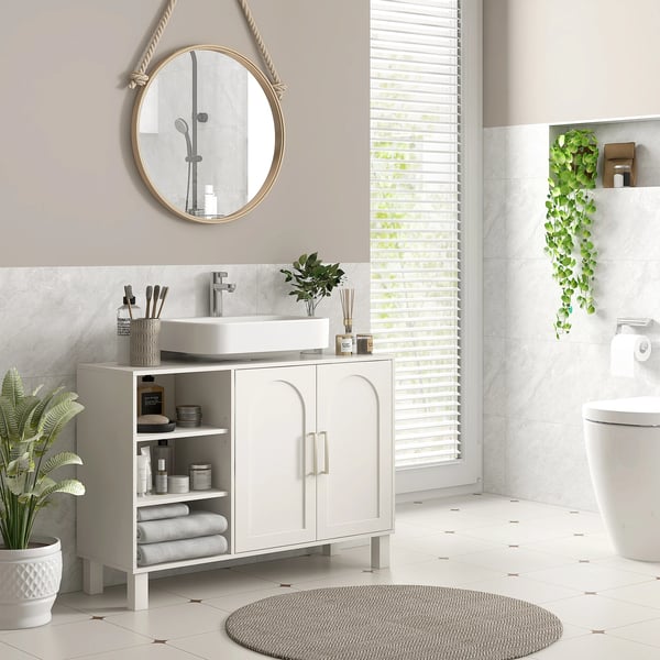 Badrumsskåp - Tvättställsunderskåp - 2 Dörrar - Justerbara Hyllor - Fristående - Modern Stil - 61–90 cm - Vit