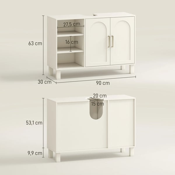Badrumsskåp - Tvättställsunderskåp - 2 Dörrar - Justerbara Hyllor - Fristående - Modern Stil - 61–90 cm - Vit