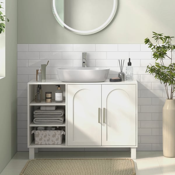 Badrumsskåp - Tvättställsunderskåp - 2 Dörrar - Justerbara Hyllor - Fristående - Modern Stil - 61–90 cm - Vit