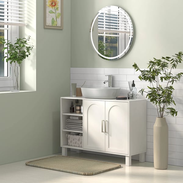 Badrumsskåp - Tvättställsunderskåp - 2 Dörrar - Justerbara Hyllor - Fristående - Modern Stil - 61–90 cm - Vit