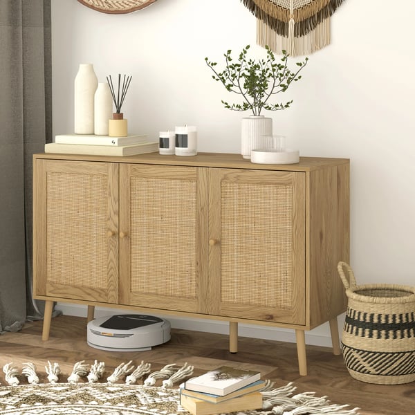 Sideboard Skänk - Vardagsrumsskåp - Rattandörrar - Justerbara Hyllor - Trä - 120x40x75 cm - Minimalistisk Modern - Beige