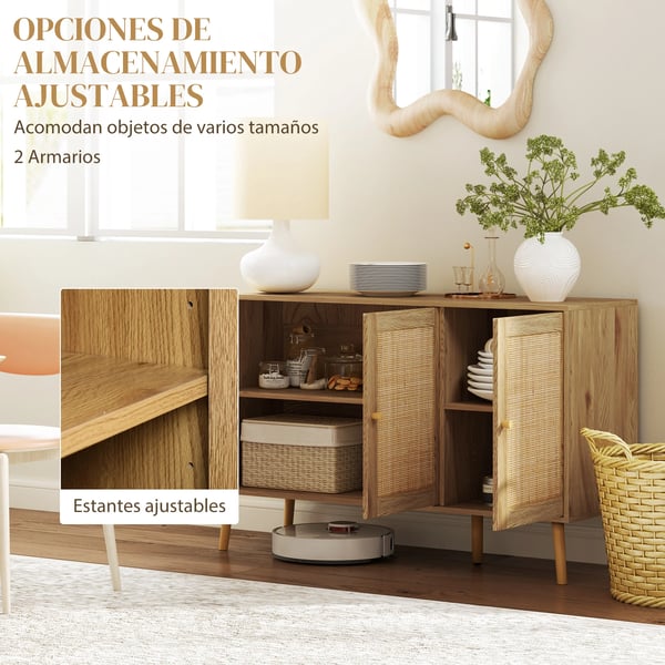 Sideboard Skänk - Vardagsrumsskåp - Rattandörrar - Justerbara Hyllor - Trä - 120x40x75 cm - Minimalistisk Modern - Beige