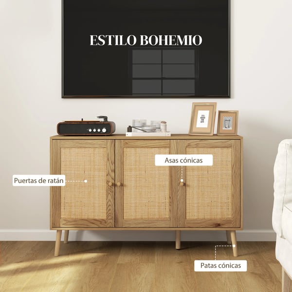 Sideboard Skänk - Vardagsrumsskåp - Rattandörrar - Justerbara Hyllor - Trä - 120x40x75 cm - Minimalistisk Modern - Beige