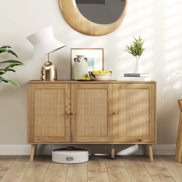Sideboard Skänk - Vardagsrumsskåp - Rattandörrar - Justerbara Hyllor - Trä - 120x40x75 cm - Minimalistisk Modern - Beige