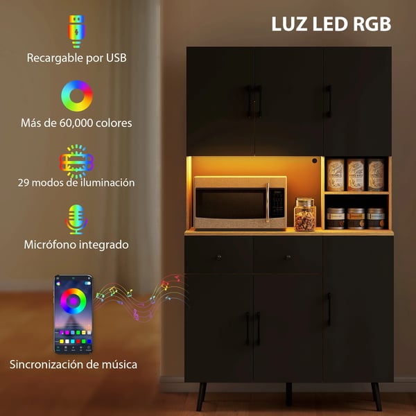 Kökskåp - Högskåp - RGB LED - 6 Dörrar - 2 Lådor - Bänkskiva - Kabelgenomföring - 100x40x176 cm - Svart