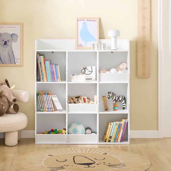Børnebogreol - Montessori reol - 9 åbne rum - Legetøjsopbevaring - 95×105×34 cm - Elfenben