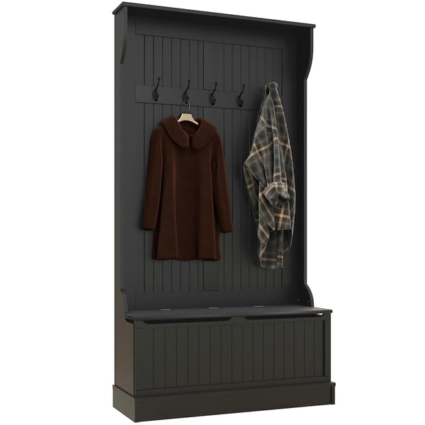 Hallmöbel - Klädställ med skohylla - 5 krokar - Förvaringsbänk - Trä - Modern stil - 96x34x179,7 cm - Svart