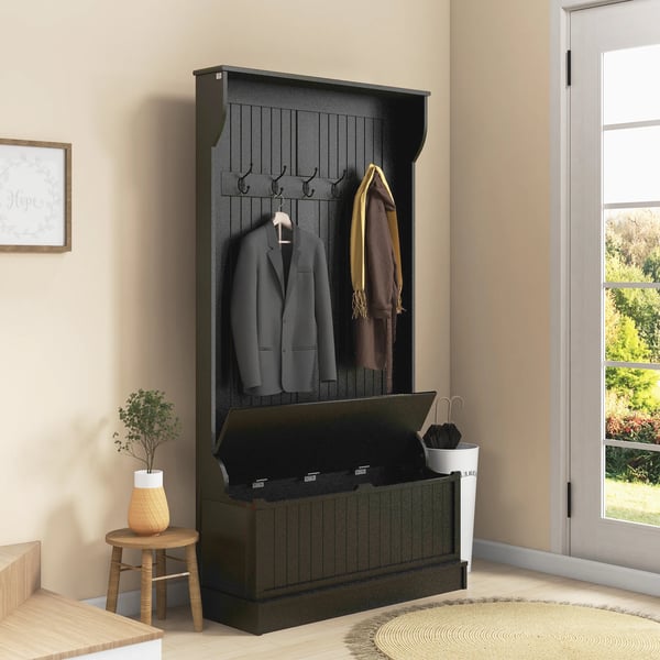 Hallmöbel - Klädställ med skohylla - 5 krokar - Förvaringsbänk - Trä - Modern stil - 96x34x179,7 cm - Svart