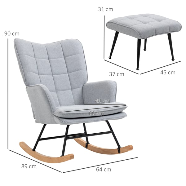 Gungstol med fotpall - 839-867V00Lg - Tvåsits - Stoppad kudde - Armstöd - Tyg - Max 130 kg - Ljusgrå